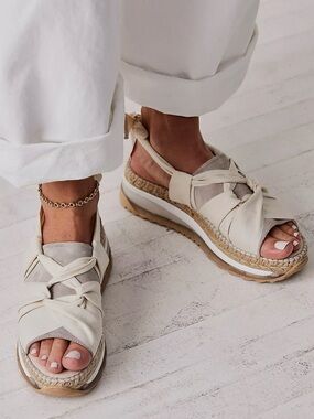 Free People Chapmin Ivory Leather Ribbon Espadrille Platform Sling Sandals, 38